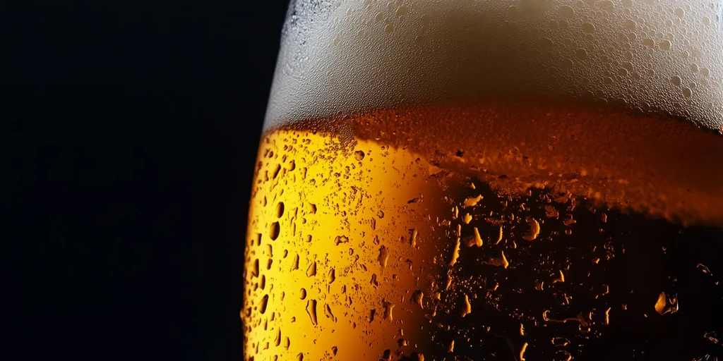 Close-up of golden amber beer, white foam, condensation on glass.