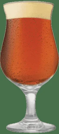 Amber beer in tulip glass with foam and condensation on dark green.