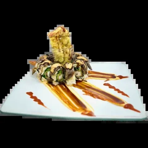 Artfully arranged crispy tempura rolls, green interior, sauces, central piece.