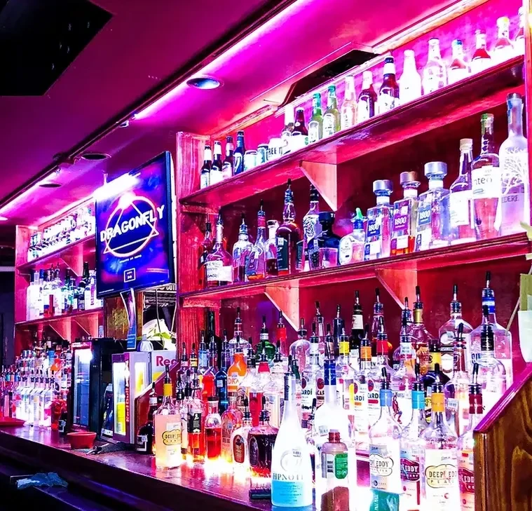 Well-stocked bar, pink and purple LED lights, "DRAGONFLY" logo on screen.