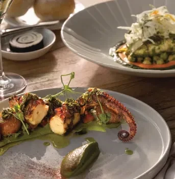 Grilled octopus and a second food dish on a wooden table.