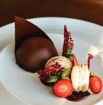 Plated chocolate dome with sail, macarons, strawberries, basil.