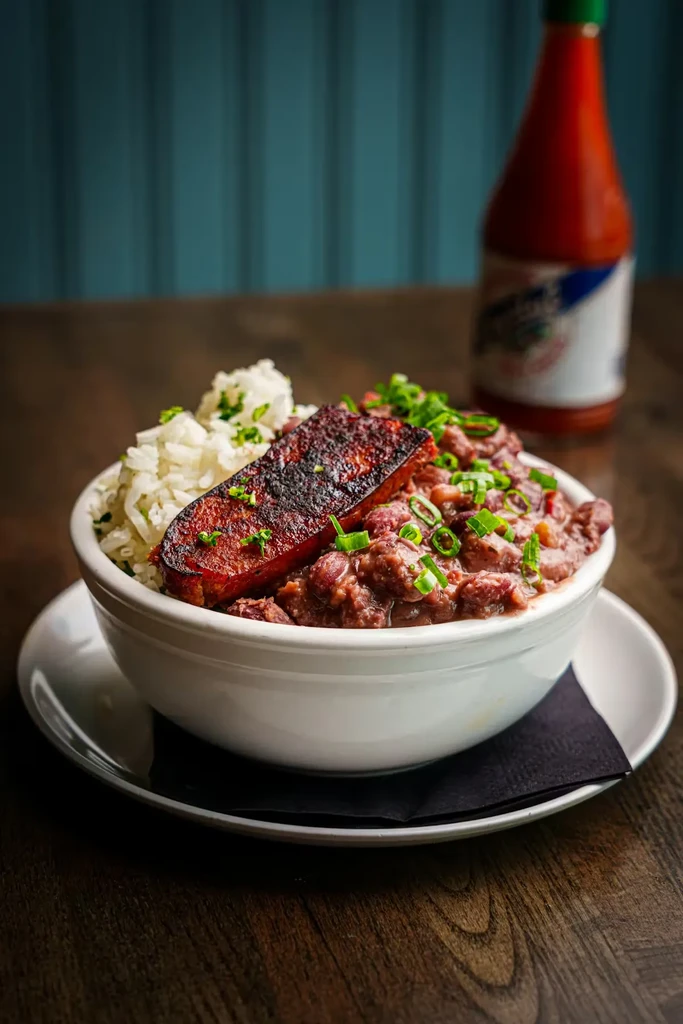 Bowl of red beans and rice, sausage, and green onions.