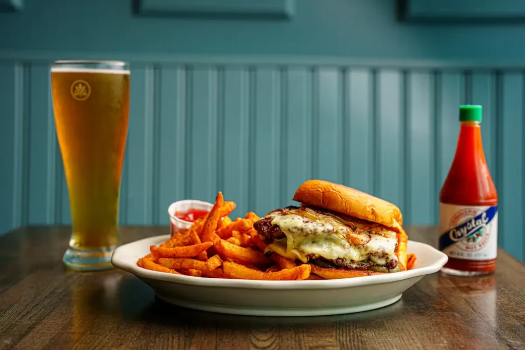 A cheeseburger, sweet potato fries, beer, and hot sauce.