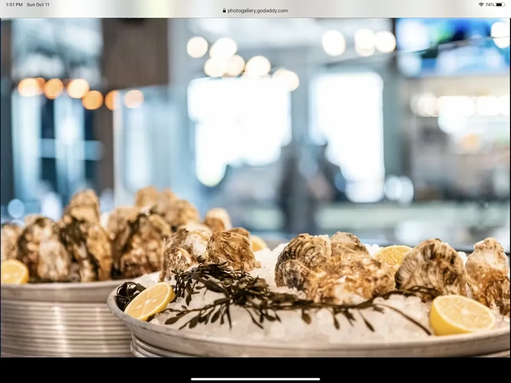 Two platters of oysters on crushed ice with lemon and seaweed.