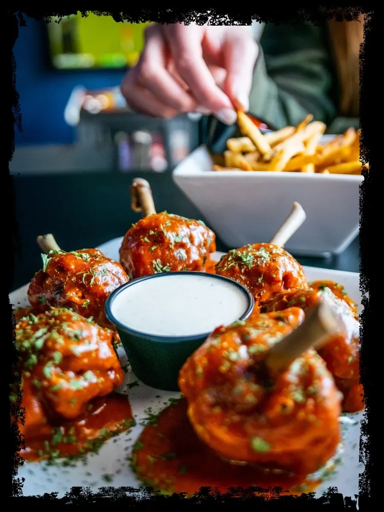 Glossy orange-red chicken lollipops and fries; a hand picks a fry.