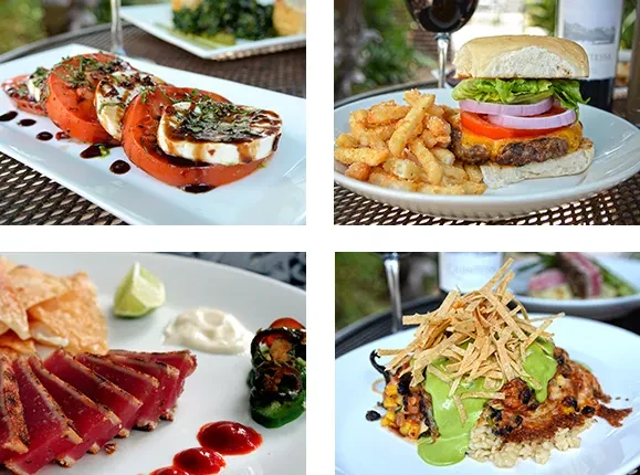 Four photos in a 2x2 grid, each displaying a different gourmet dish.