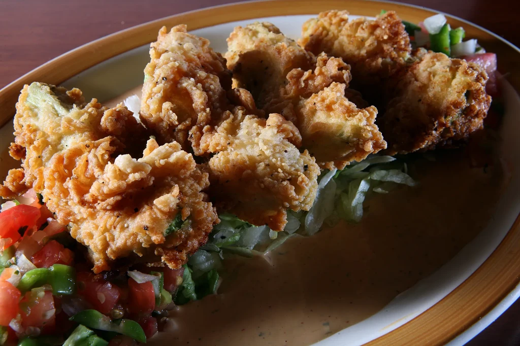 Crispy fried food, lettuce, salsa, and sauce plated.