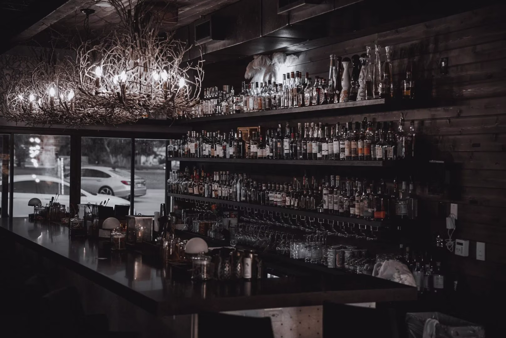 Dark bar interior with branch chandelier and shelves of liquor bottles.