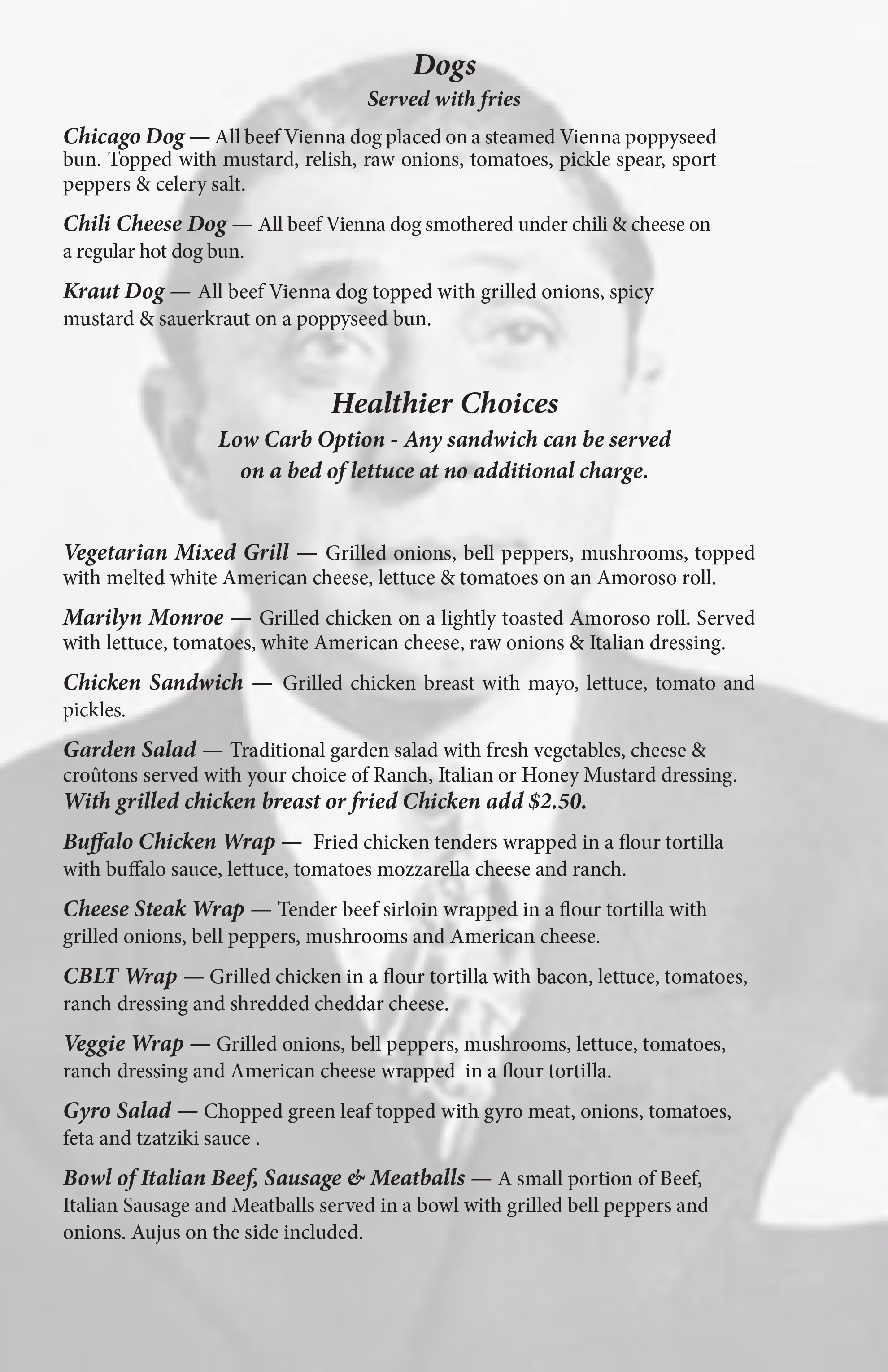 Food menu listing hot dogs, healthier wraps, salads, and other meals.