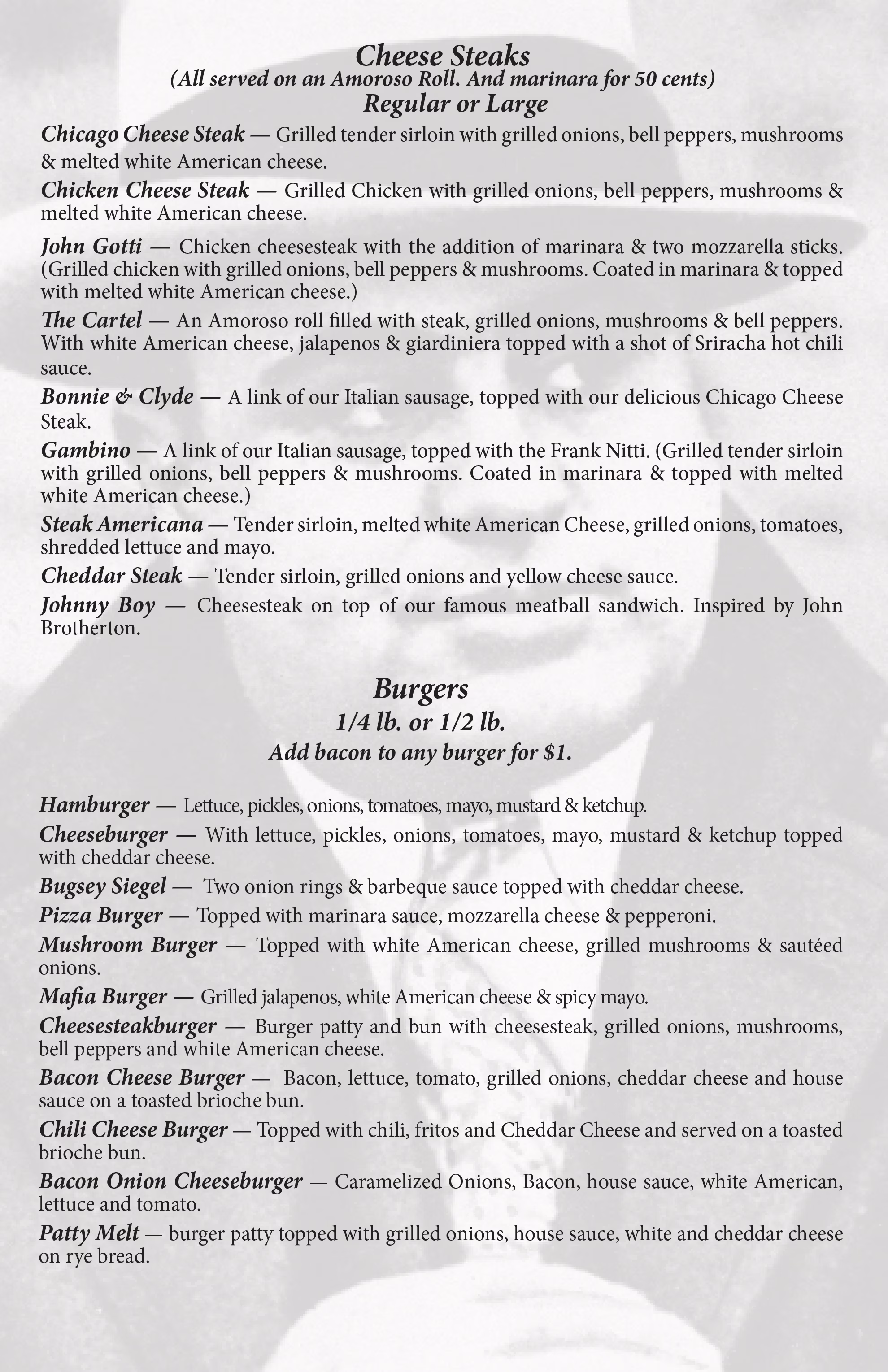 A menu listing various cheese steaks and burgers with descriptions.