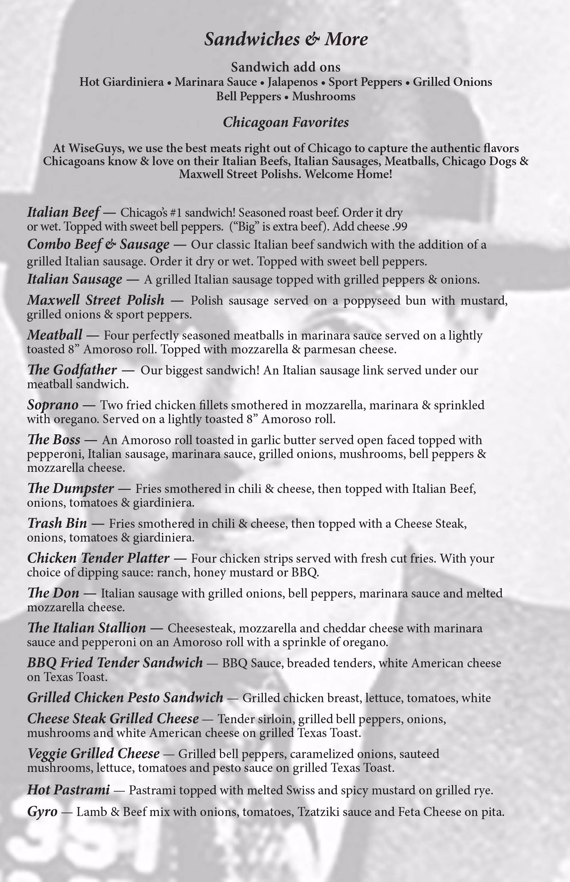 WiseGuys restaurant menu showing sandwiches, add-ons, and Chicagoan favorites.