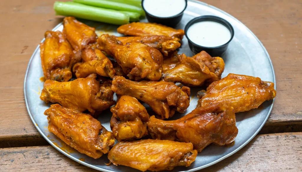 Buffalo chicken wings, celery, and white dip on a silver platter.