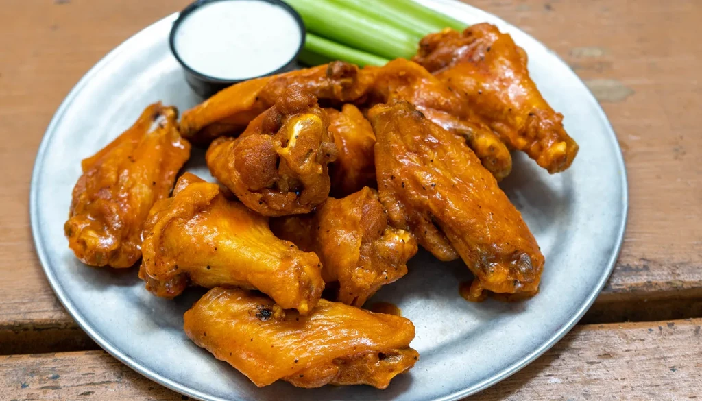 Plate of saucy buffalo chicken wings, creamy dip, and celery.