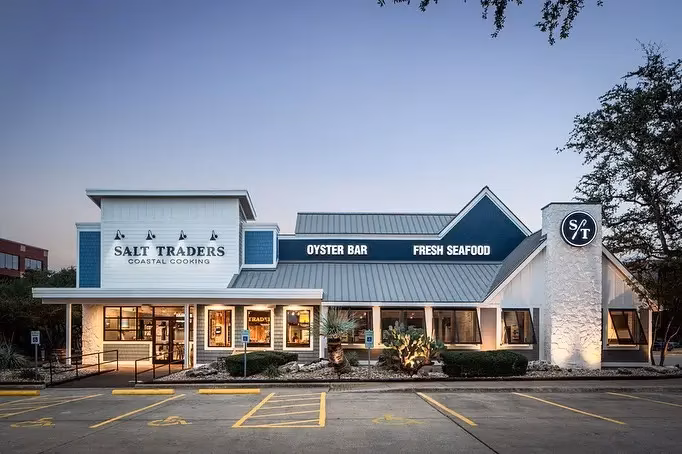 Front view of Salt Traders Coastal Cooking seafood restaurant and oyster bar.