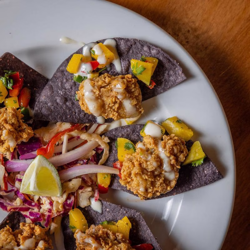 Blue corn chips with fried pieces, mango salsa, cabbage slaw, and lime.