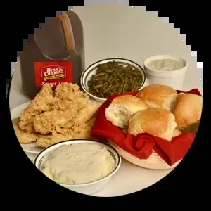 Bojangles' fried chicken tenders, sweet tea, mashed potatoes, and sides.