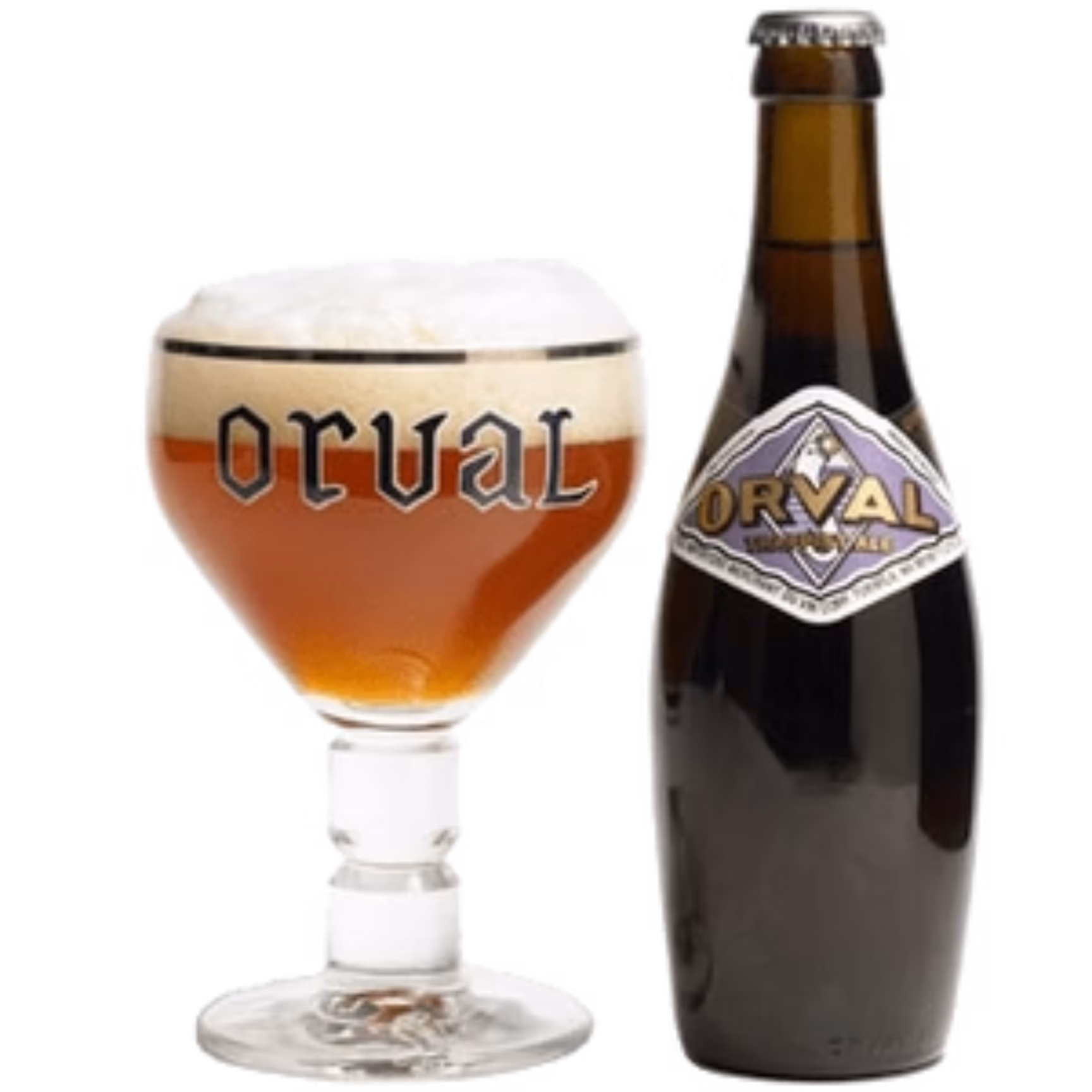 Orval beer in a branded glass and dark bottle.