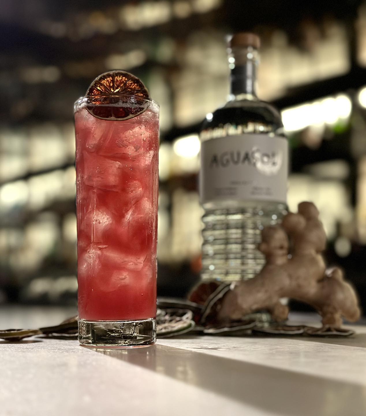 Red iced cocktail, dried citrus, Aguasol bottle, ginger root, and slices.