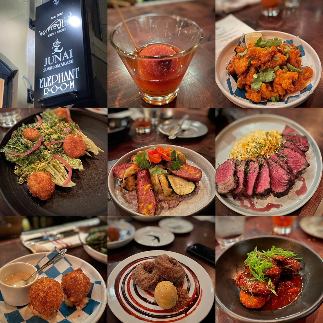 Collage of diverse restaurant dishes, cocktails, and an exterior sign.