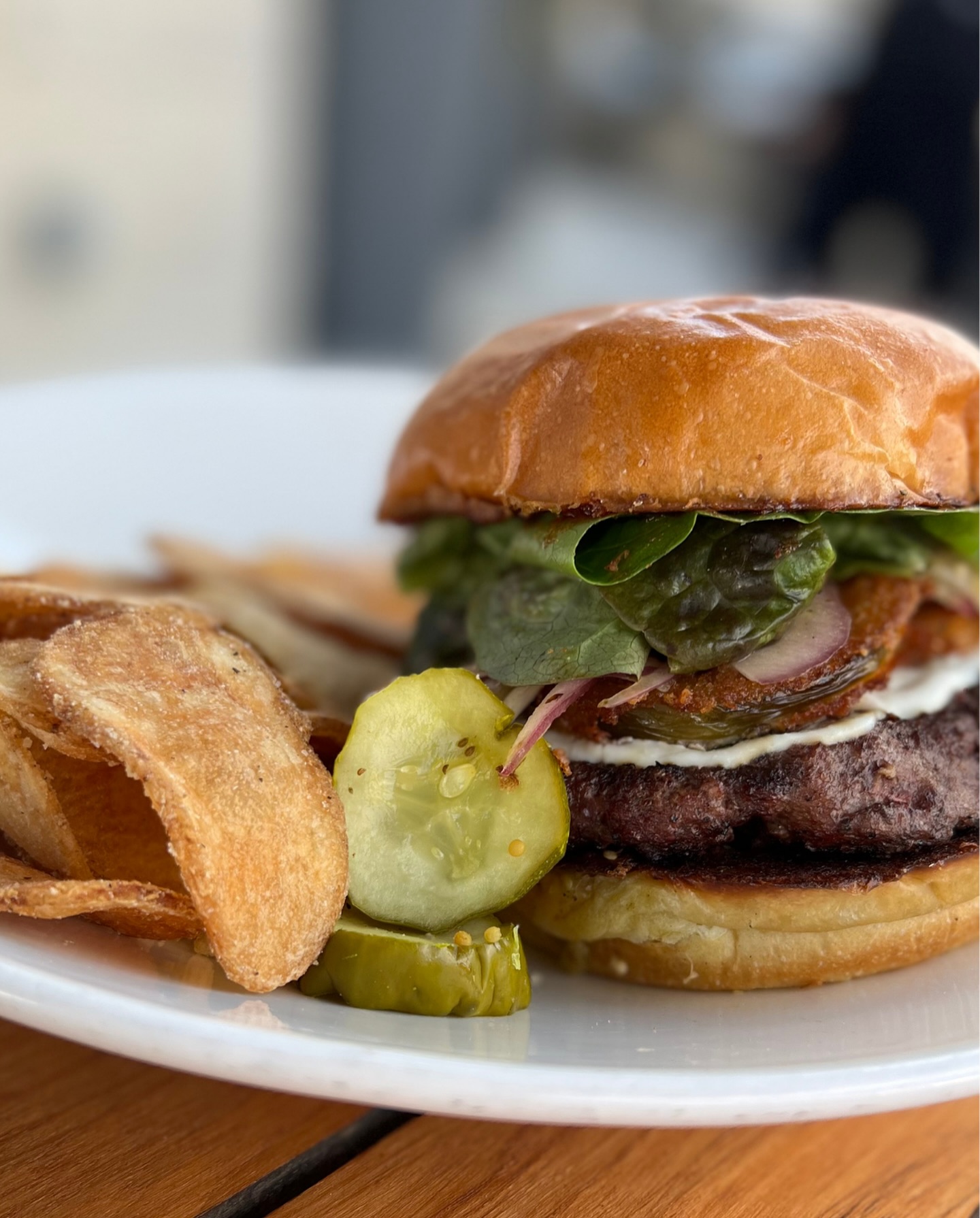 Burger with fried green tomato, potato chips, and pickles on plate.