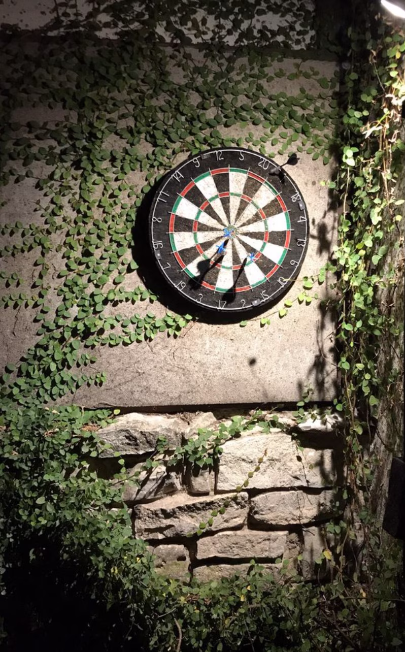 Dartboard with three darts on an ivy-covered stone wall.