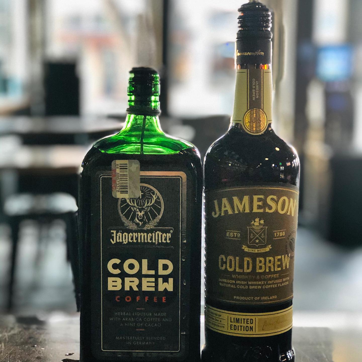 Jägermeister Cold Brew Coffee and Jameson Cold Brew whiskey bottles.