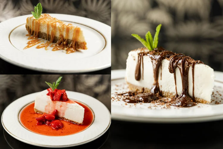 Three slices of cheesecake with caramel, strawberry, and chocolate toppings.