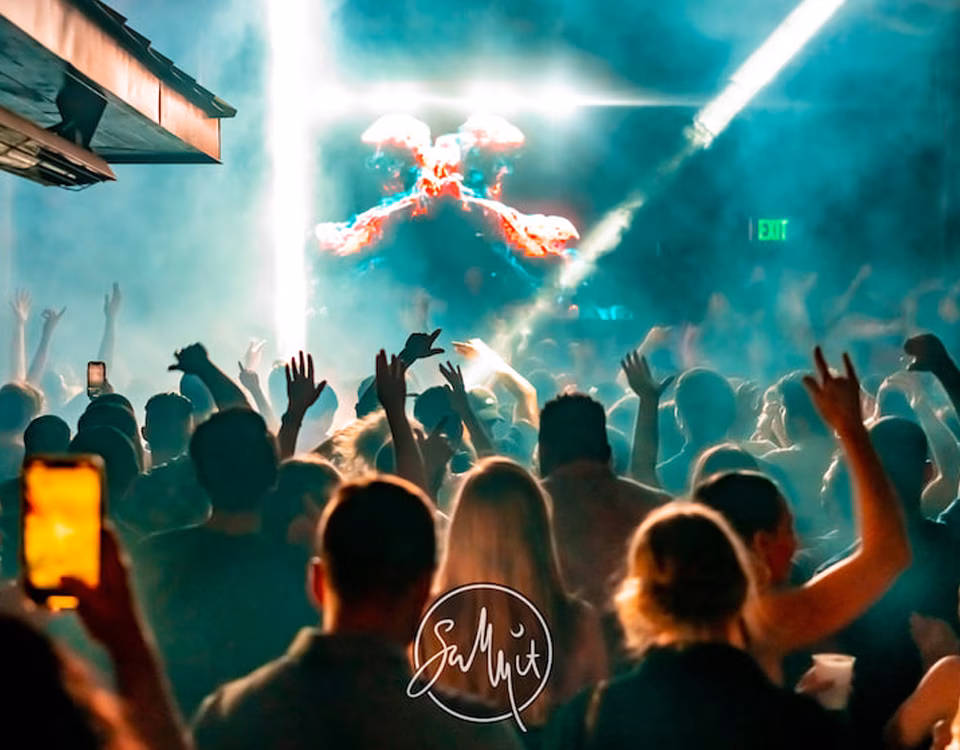 Crowd with raised hands, illuminated by lights and smoke at a concert.
