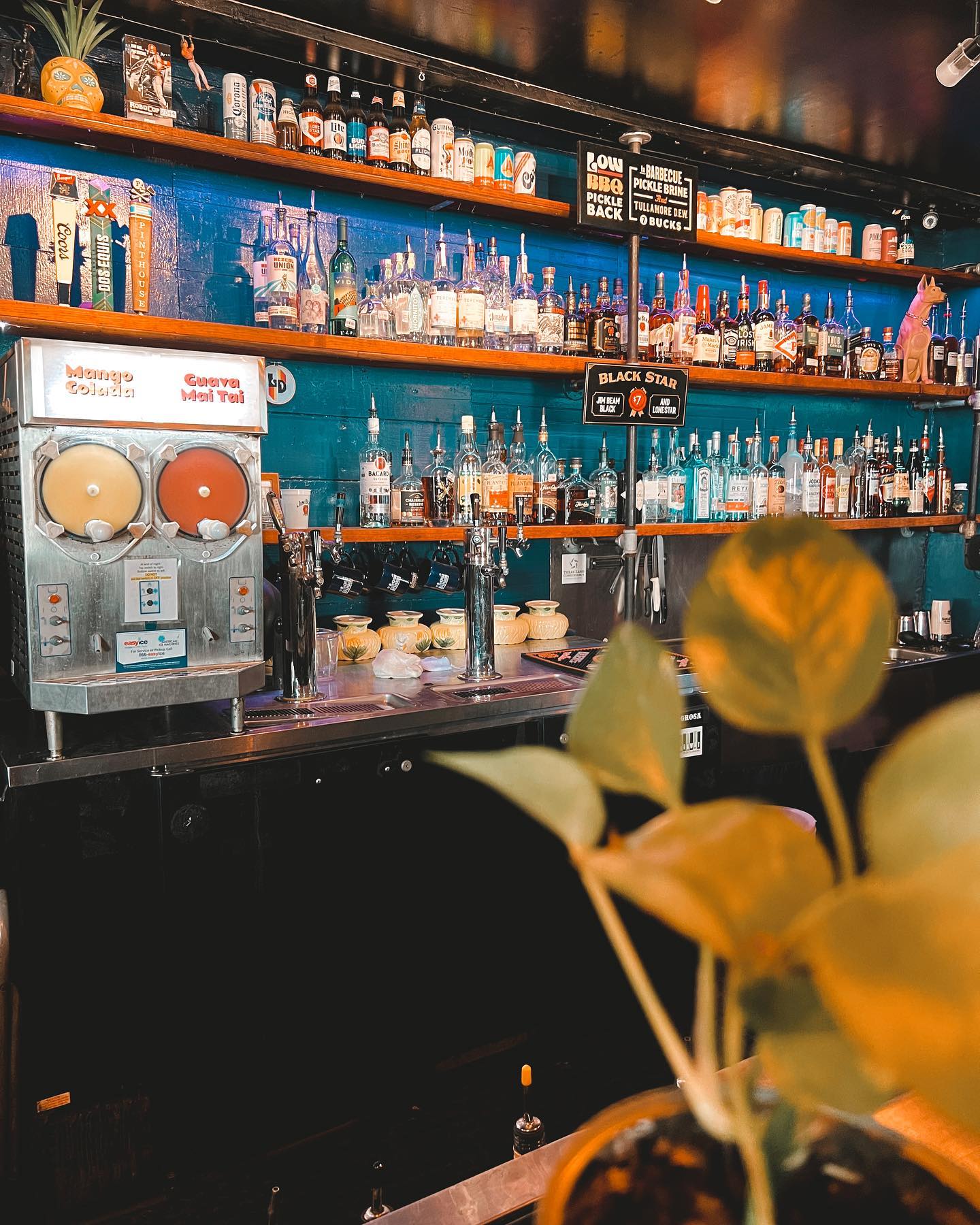 Bar interior with a slushie machine, alcohol bottles, and beer taps.