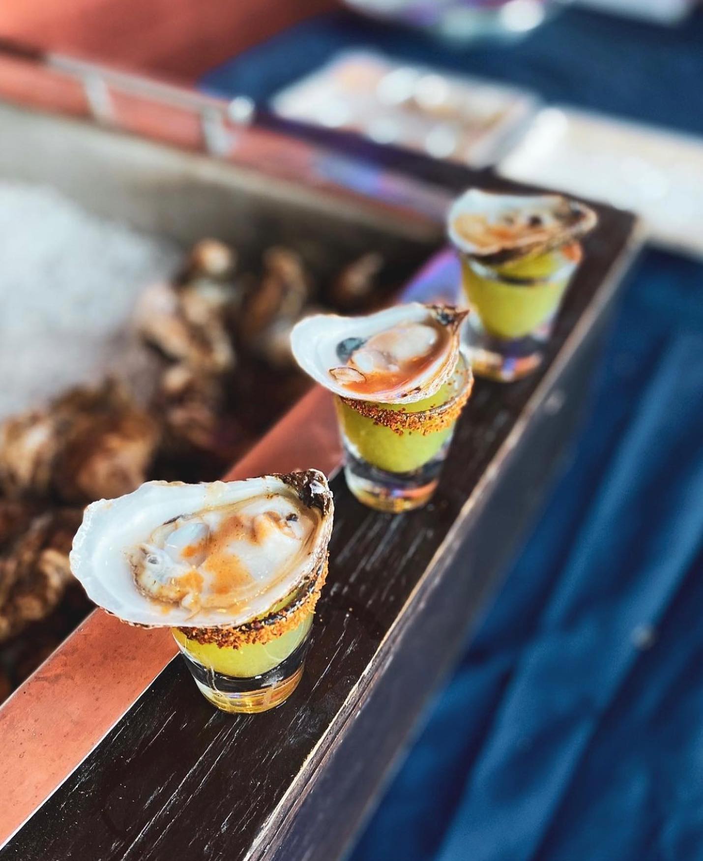 Oysters in shells on shot glasses with green liquid and seasoned rims.
