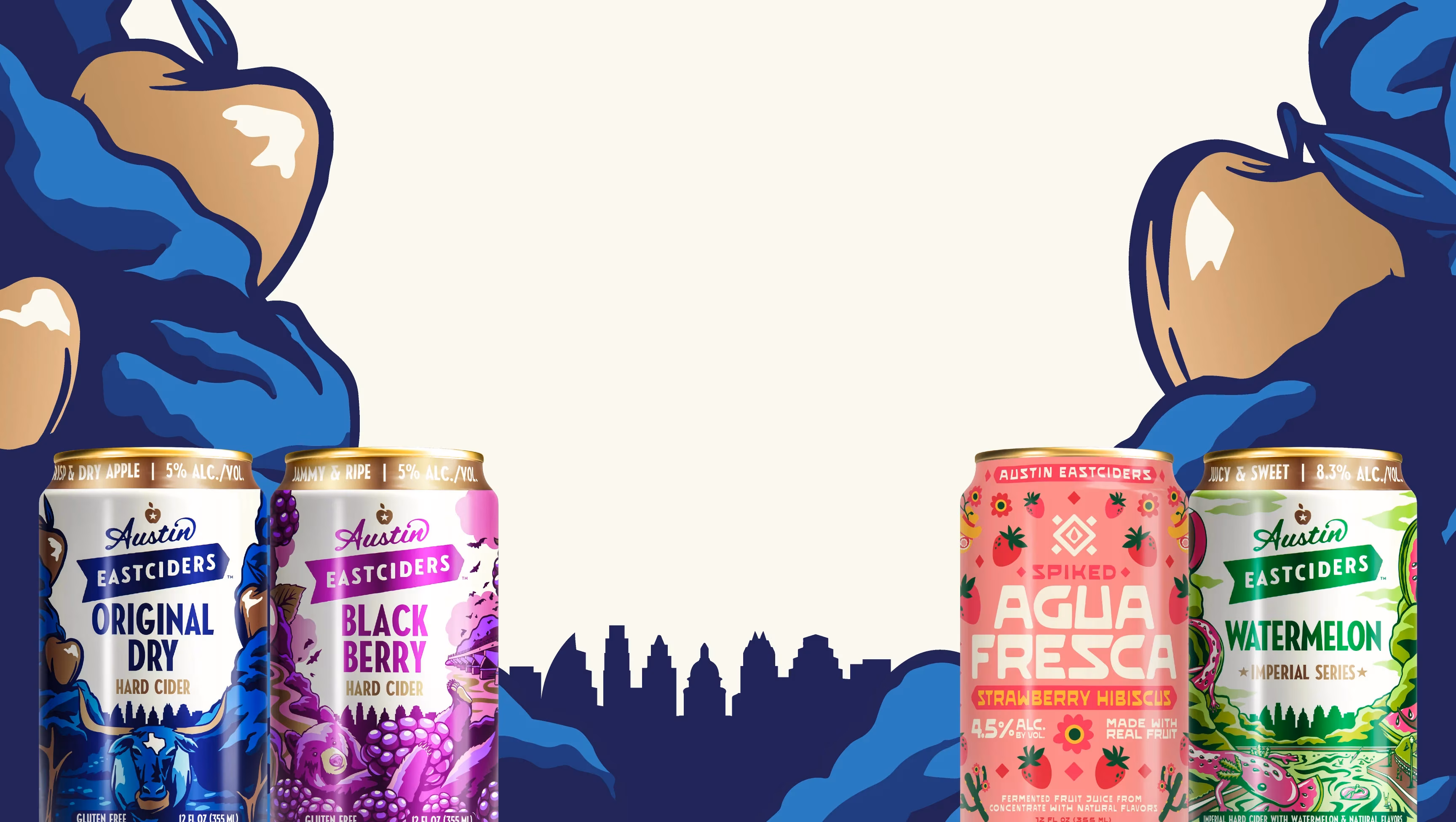 Four cans of Austin Eastciders hard cider with an Austin skyline.