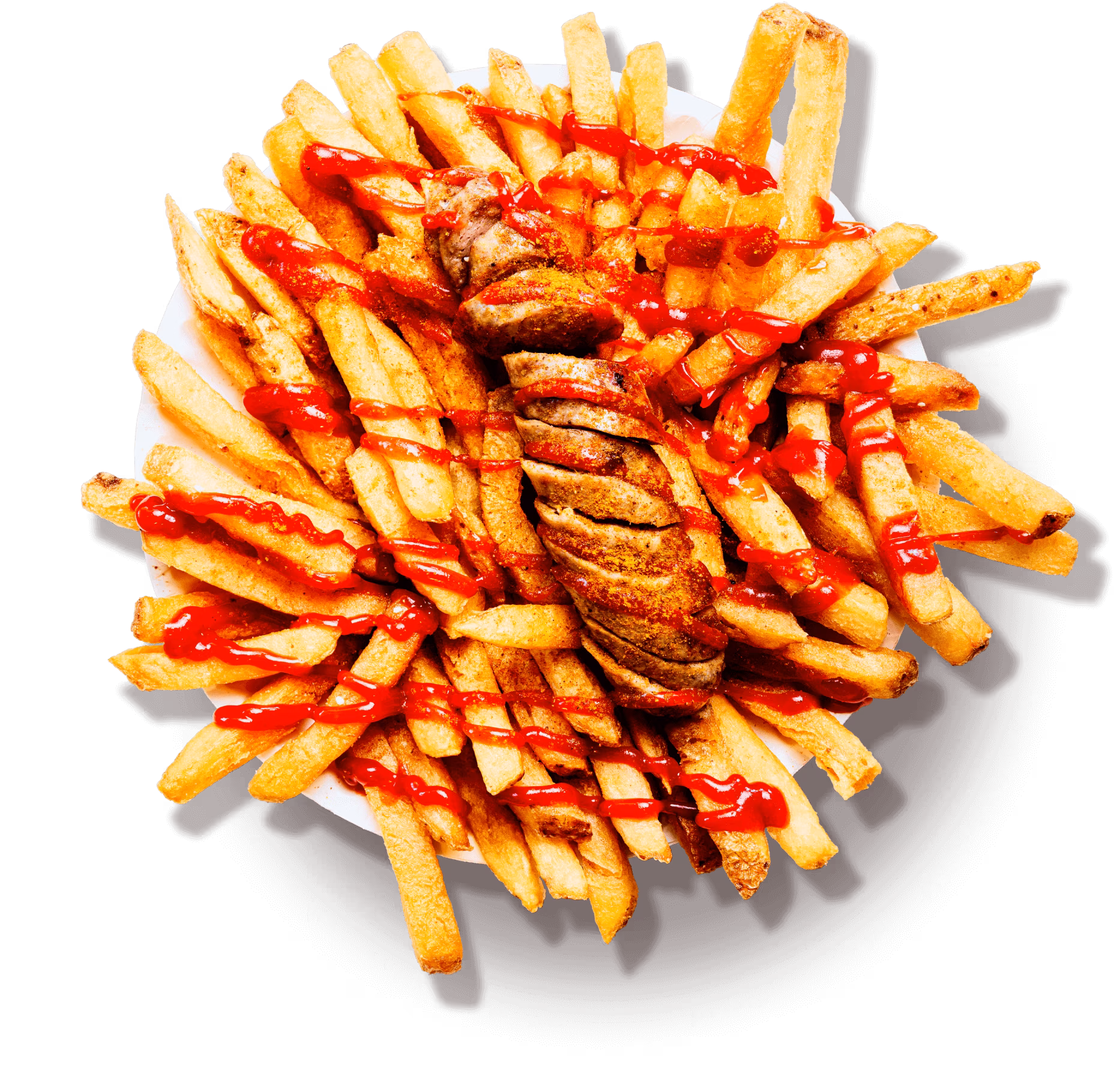 Currywurst sausage, french fries, and ketchup on white plate.