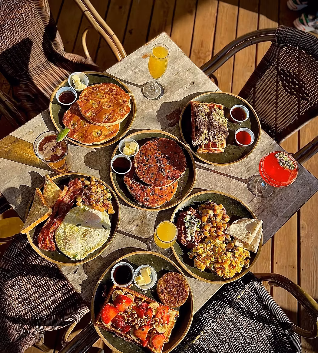 Multiple breakfast plates including pancakes, waffles, eggs, and cocktails.
