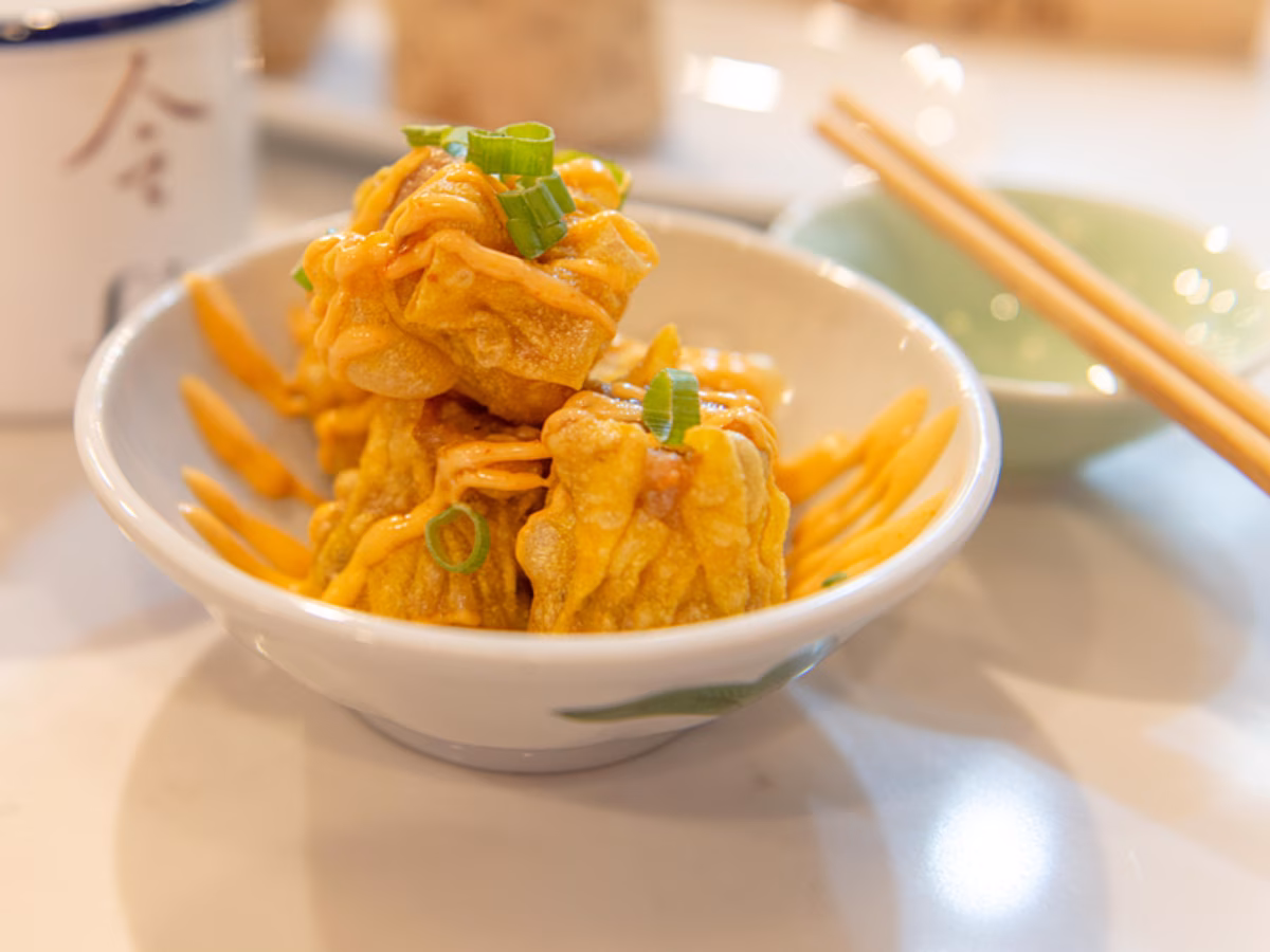Fried wontons drizzled with sauce and green onions in a white bowl.