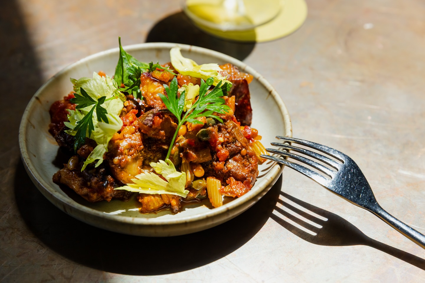 Plate of chunky stew with short pasta, herbs, and a fork.
