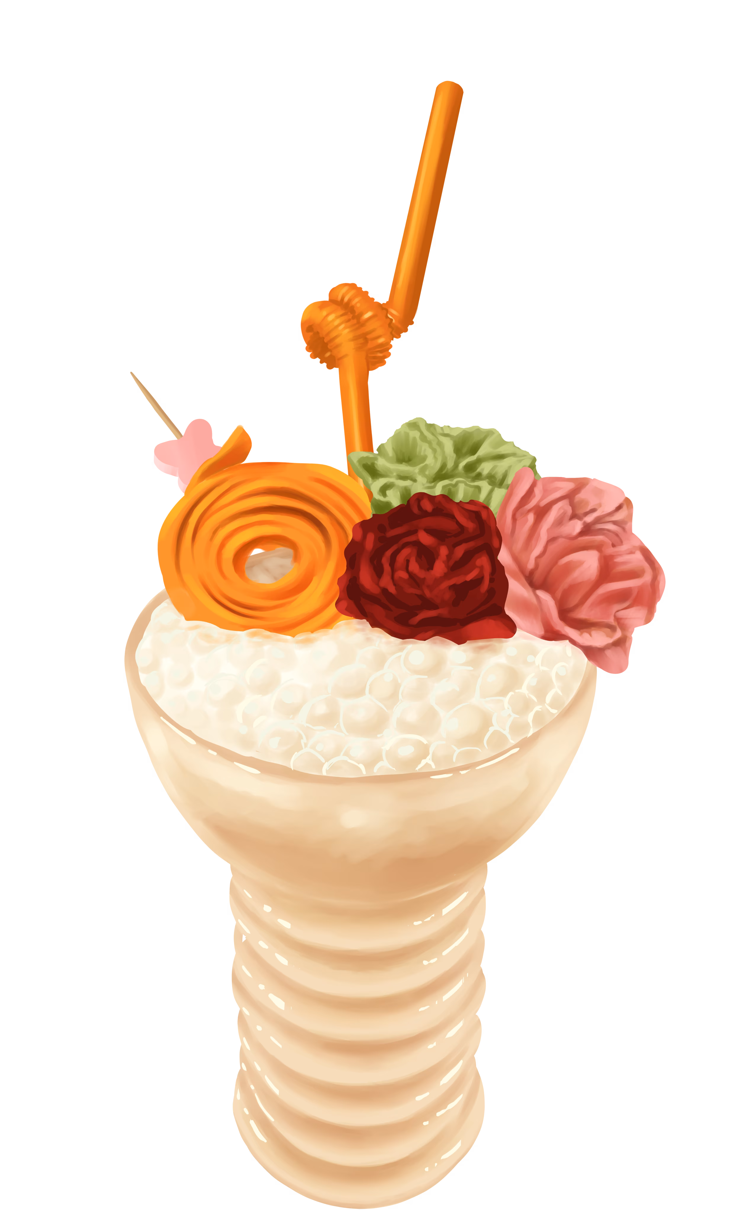 Ribbed container with white bubbles, orange spiral, flowers, and straw.