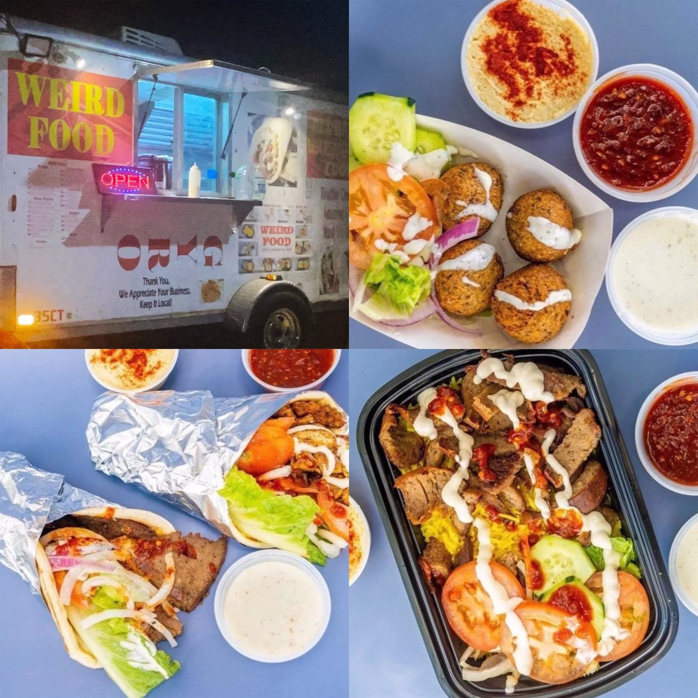 Four images of the 'Weird Food' truck and various Middle Eastern meals.