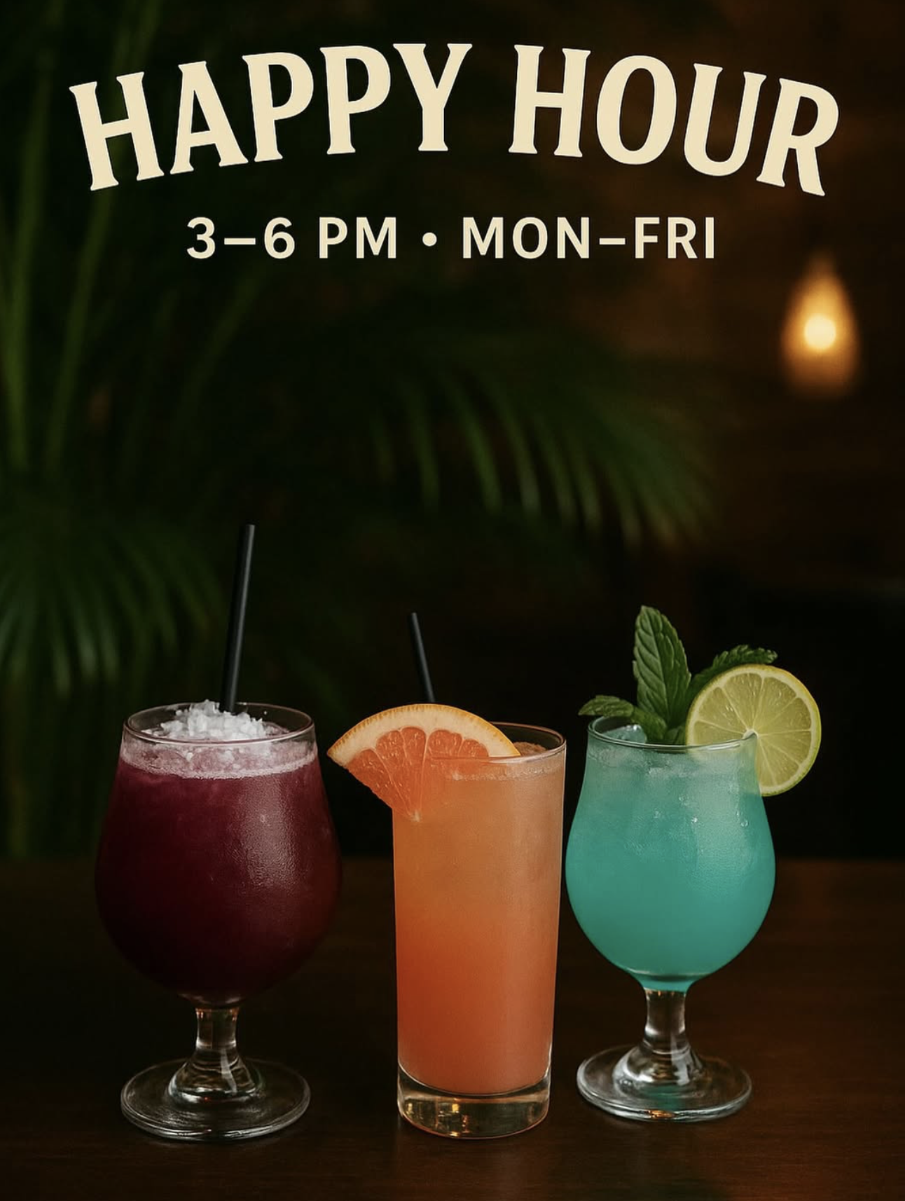 Happy Hour 3-6 PM Mon-Fri text and three colorful cocktails.