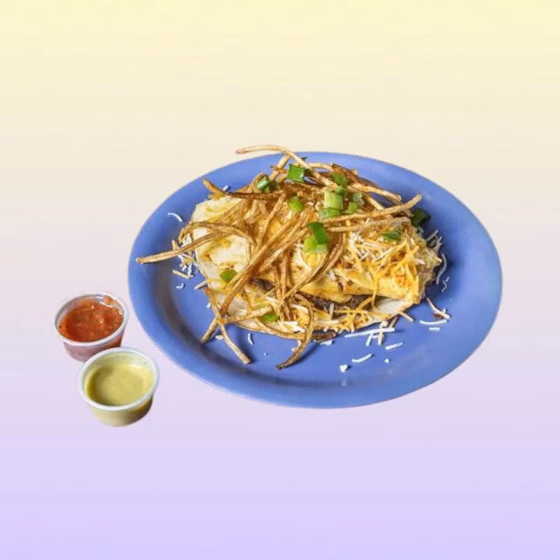 Food on blue plate, topped with shoestring fries, cheese, green onions.