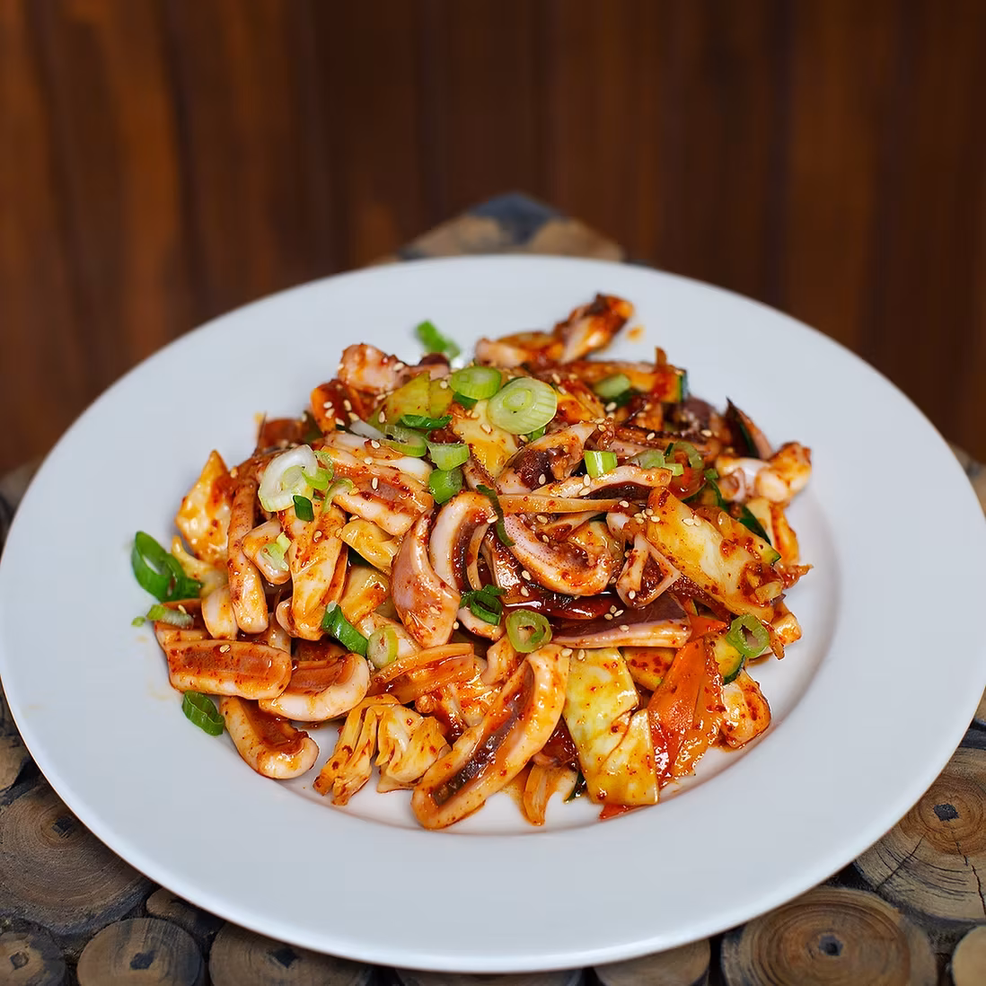 Stir-fried squid with vegetables, red sauce, green onions, and sesame seeds.