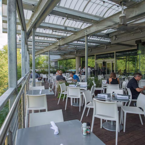 People dining on a modern outdoor patio with a translucent roof.