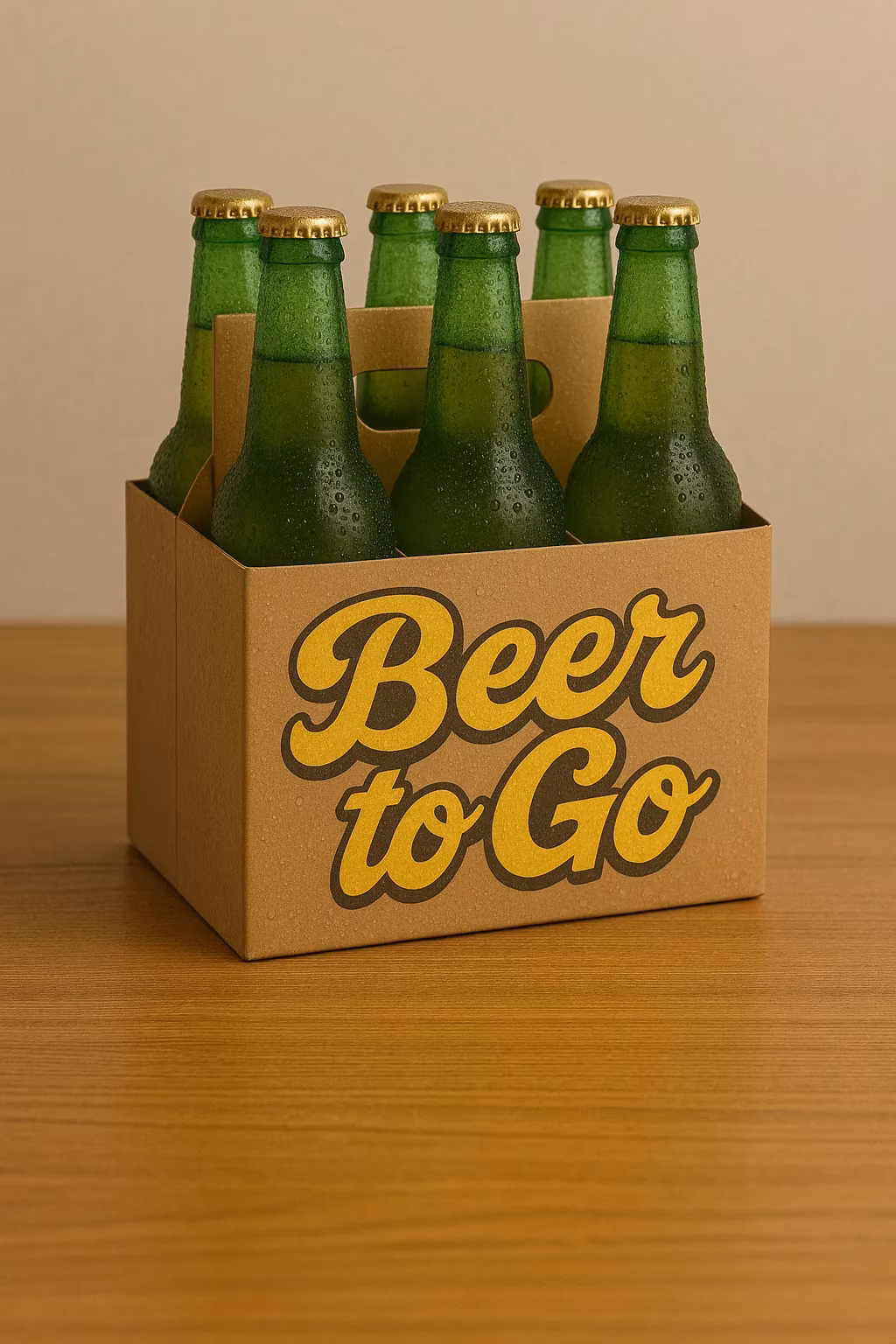 Cardboard beer carrier with six sweating green bottles, "Beer to Go" label.