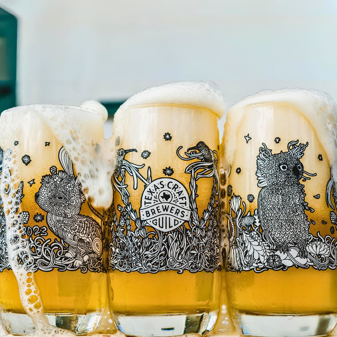 Three overflowing beer glasses with Texas Craft Brewers Guild designs.