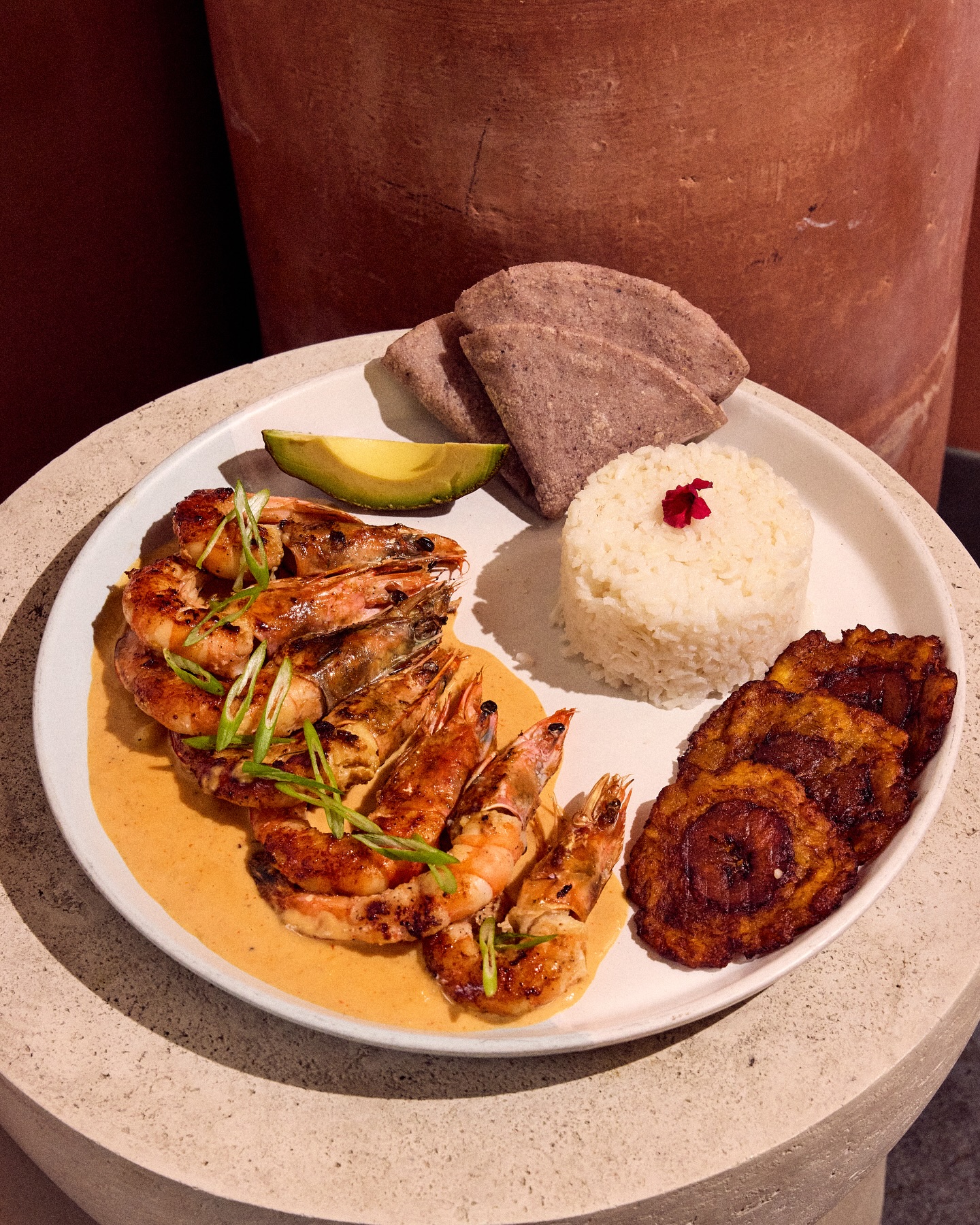 Plate of grilled shrimp, rice, fried plantains, avocado, and flatbread.