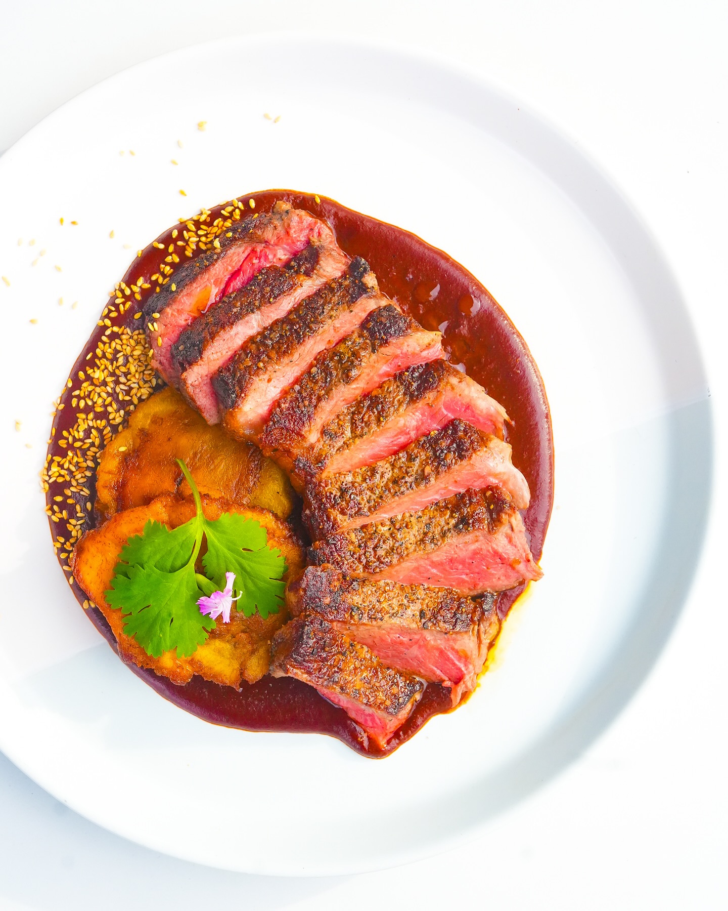 Sliced steak, fried patties, red sauce, cilantro, sesame on white plate.