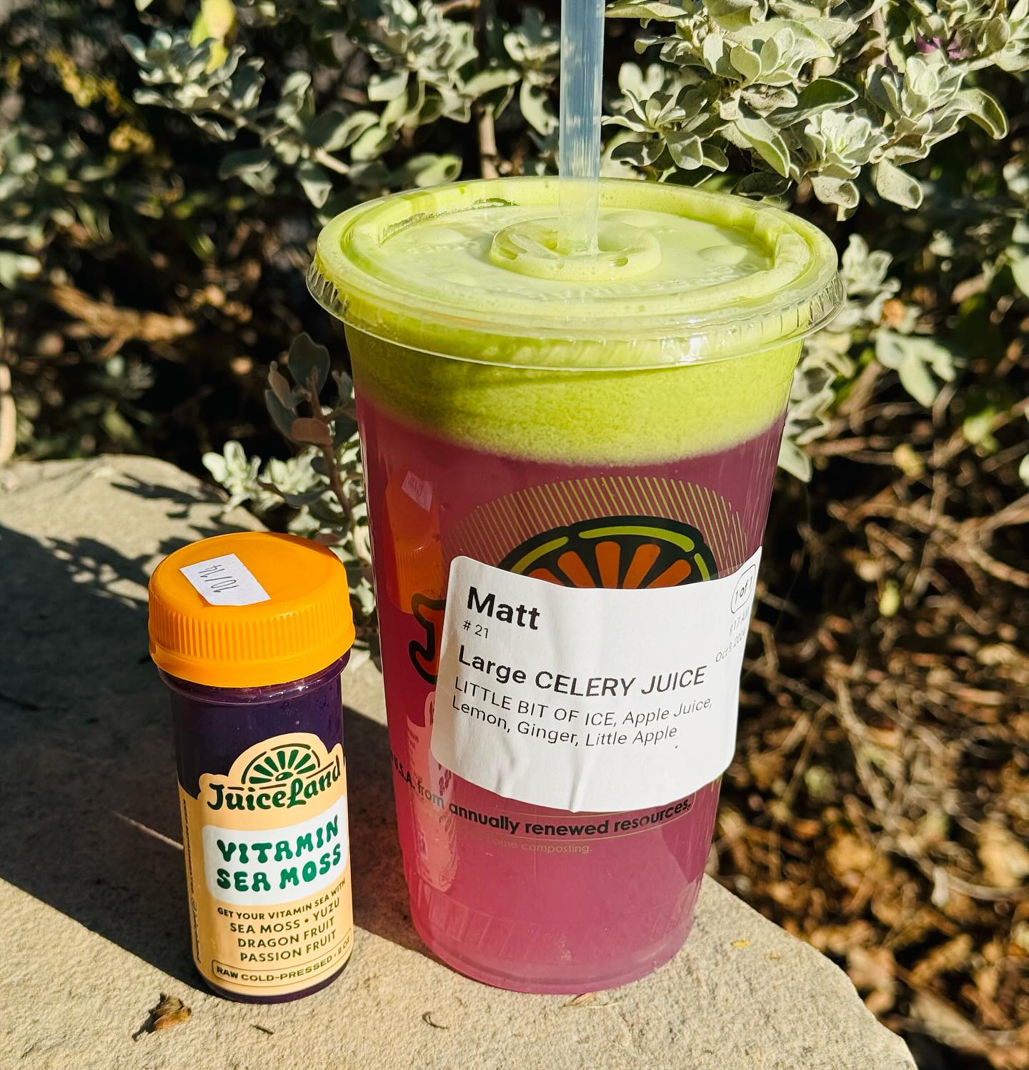 Layered green and pink JuiceLand drink with a vitamin sea moss shot.