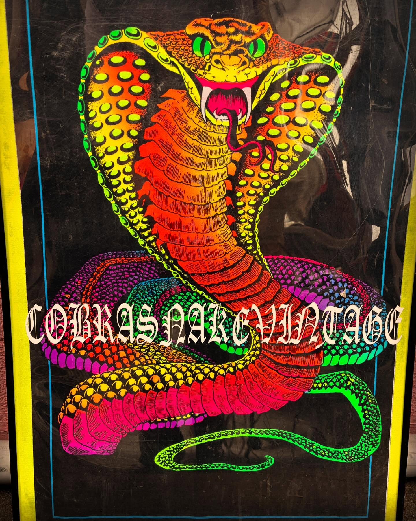 Neon cobra illustration on black background with COBRASNAKE VINTAGE text.