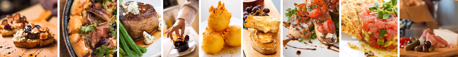 A collage of diverse gourmet dishes including steak, seafood, and appetizers.