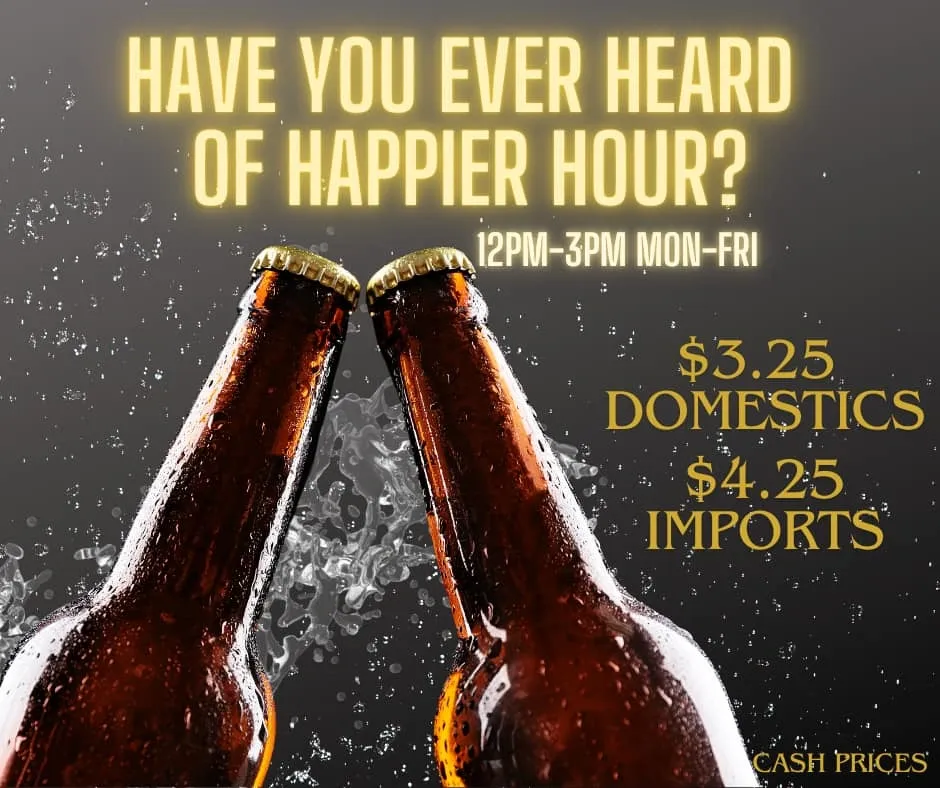 Two beer bottles clinking, advertising "Happier Hour" with drink prices.